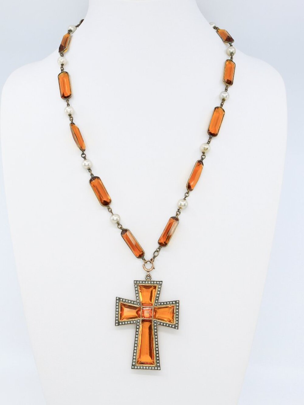 Rare Antique Czech Amber Glass Latin Cross Necklace  Blown Glass Pearls 1920s